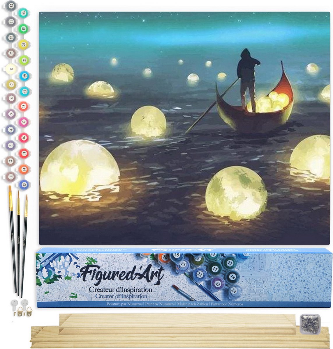 FiguredArt Schilderen op Nummer Volwassenen canvas Maan Meer - Handwerk acrylverf Kit DIY Compleet - 40x50cm met DIY houten lijst